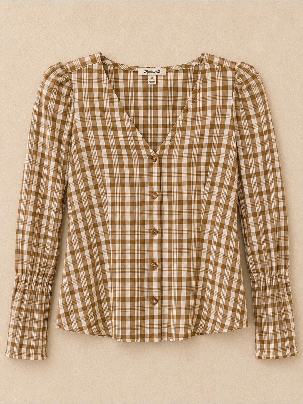 Madewell Plaid Button Front Peasant Top Brown Cream Cotton Small